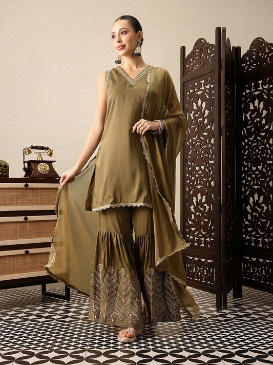 Dhiyona HOP Ethnic Motifs Embroidered Thread Work Jashn Kurta with Sharara & Dupatta