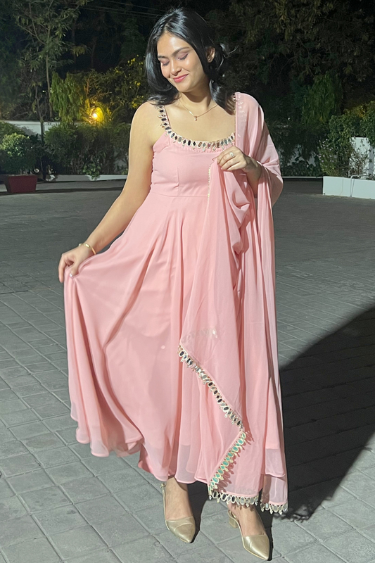 Dhiyona ST 3 pc Suit - Pink Georgette Sleevless Anarkali with Mirror