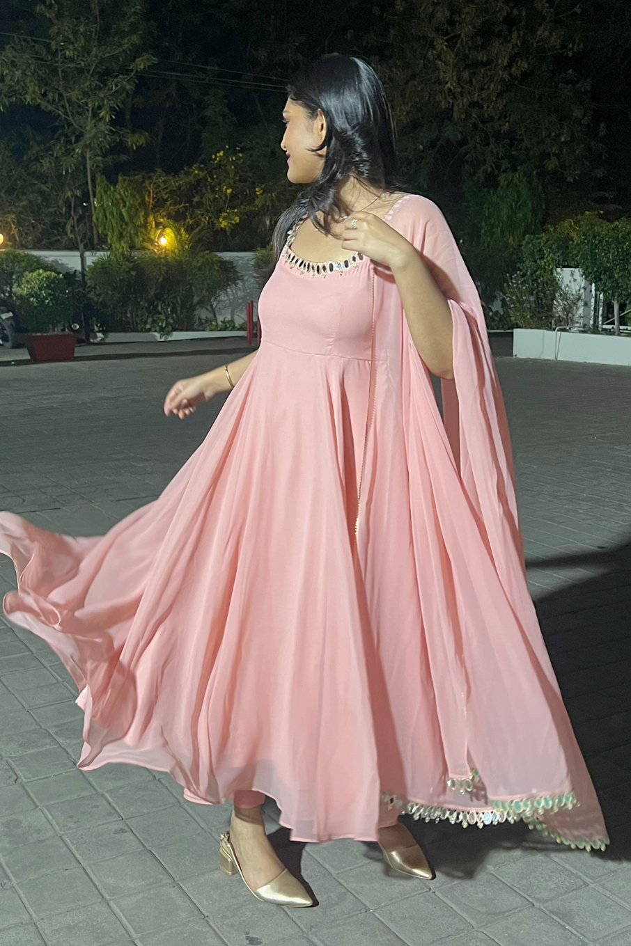 Dhiyona ST 3 pc Suit - Pink Georgette Sleevless Anarkali with Mirror