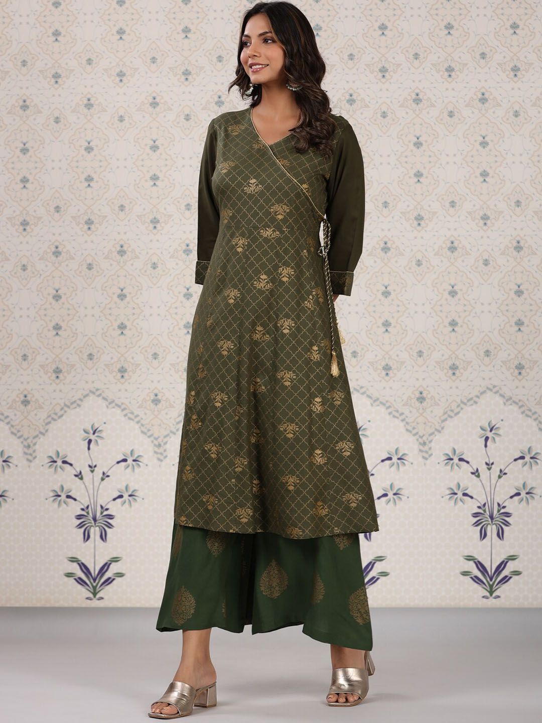 Dhiyona OD  Olive Green & Gold Printed V Neck Angrakha Kurta With Palazzos