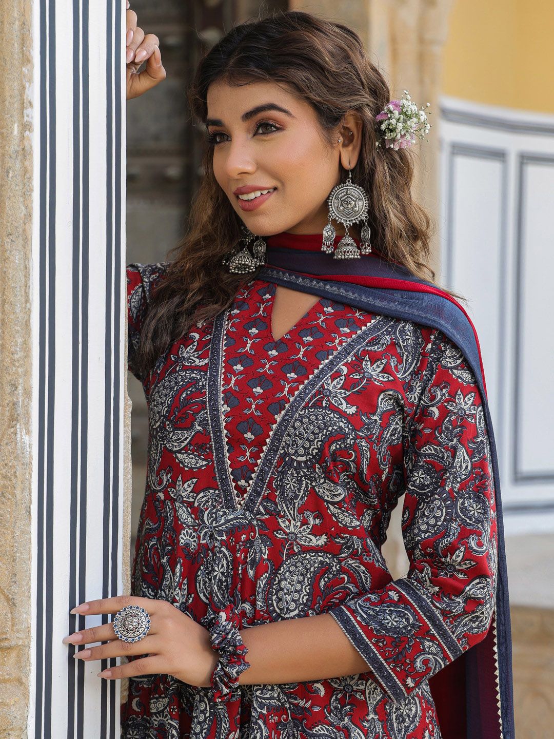 Dhiyona RR Women's Paisley Printed Mandarin Collar Cotton A-Line Kurta With Trousers & Dupatta
