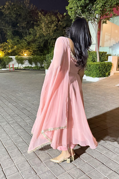 Dhiyona ST 3 pc Suit - Pink Georgette Sleevless Anarkali with Mirror