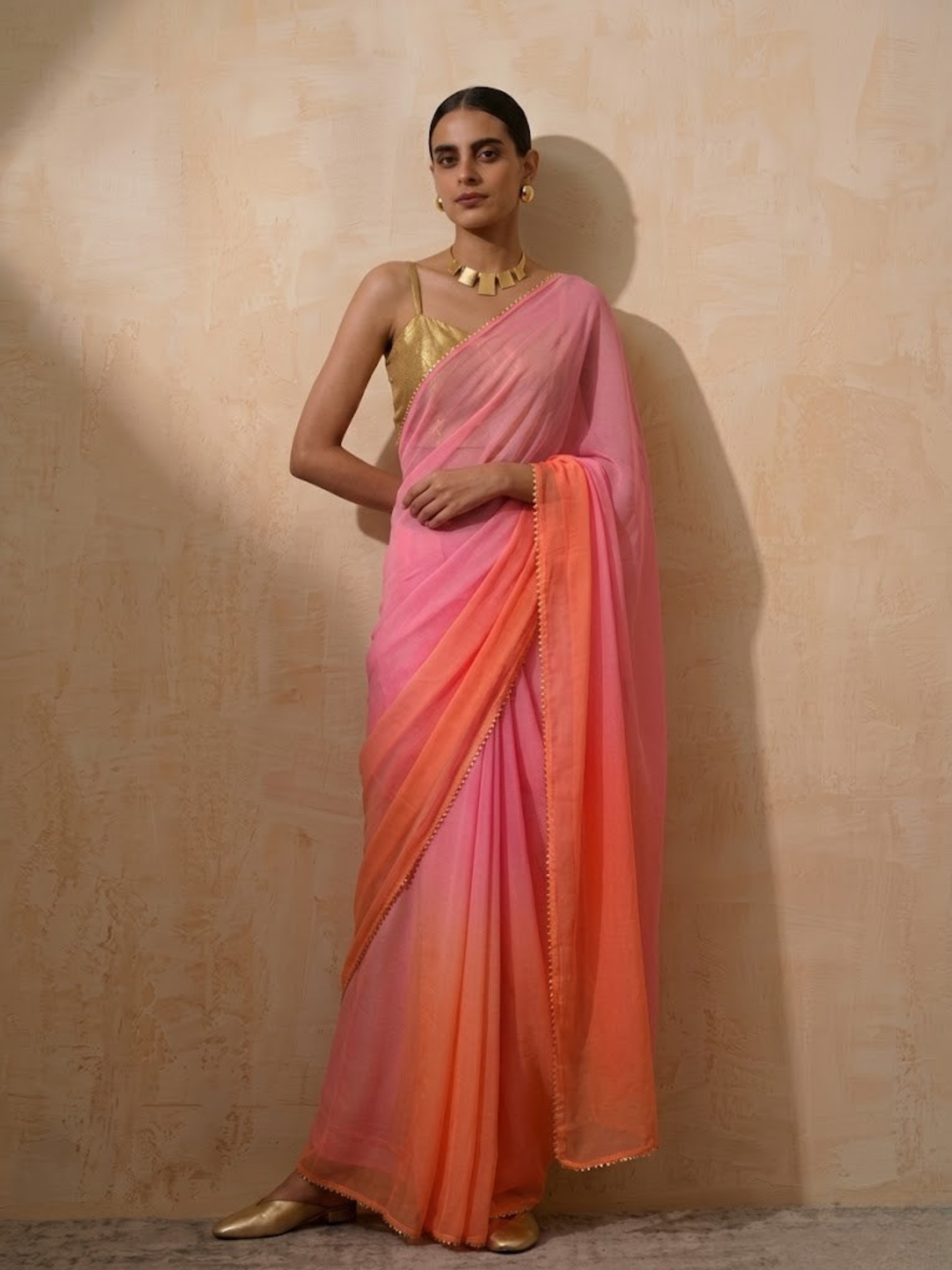 Dhiyona ST Pink and Coral Ombre Chiffon Saree with Self Fabric Blouse