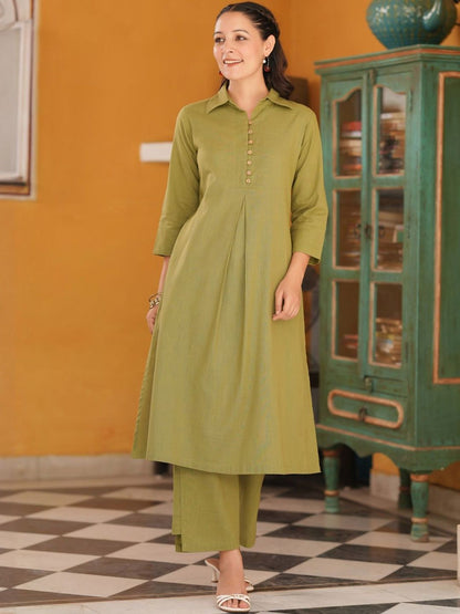 Dhiyona RR Women's Shirt Collar Pure Cotton A-Line Kurta With Trousers