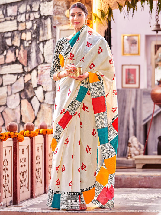 Women's Bhagalpuri Silk Cream Printed Designer Saree With Blouse Piece