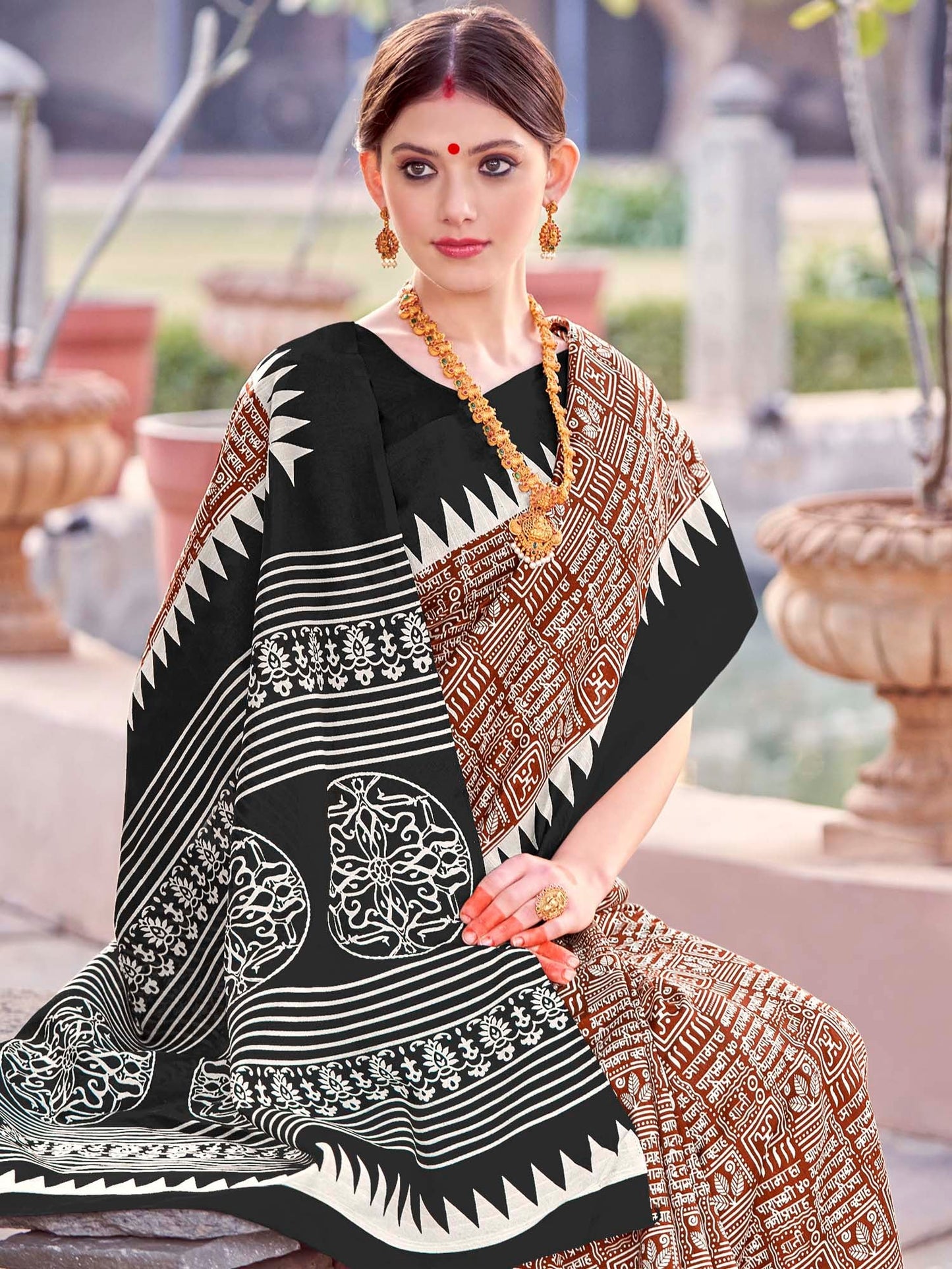 Women's Bhagalpuri Silk Brown Printed Designer Saree With Blouse Piece