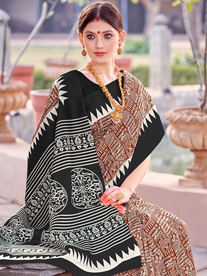 Women's Bhagalpuri Silk Brown Printed Designer Saree With Blouse Piece