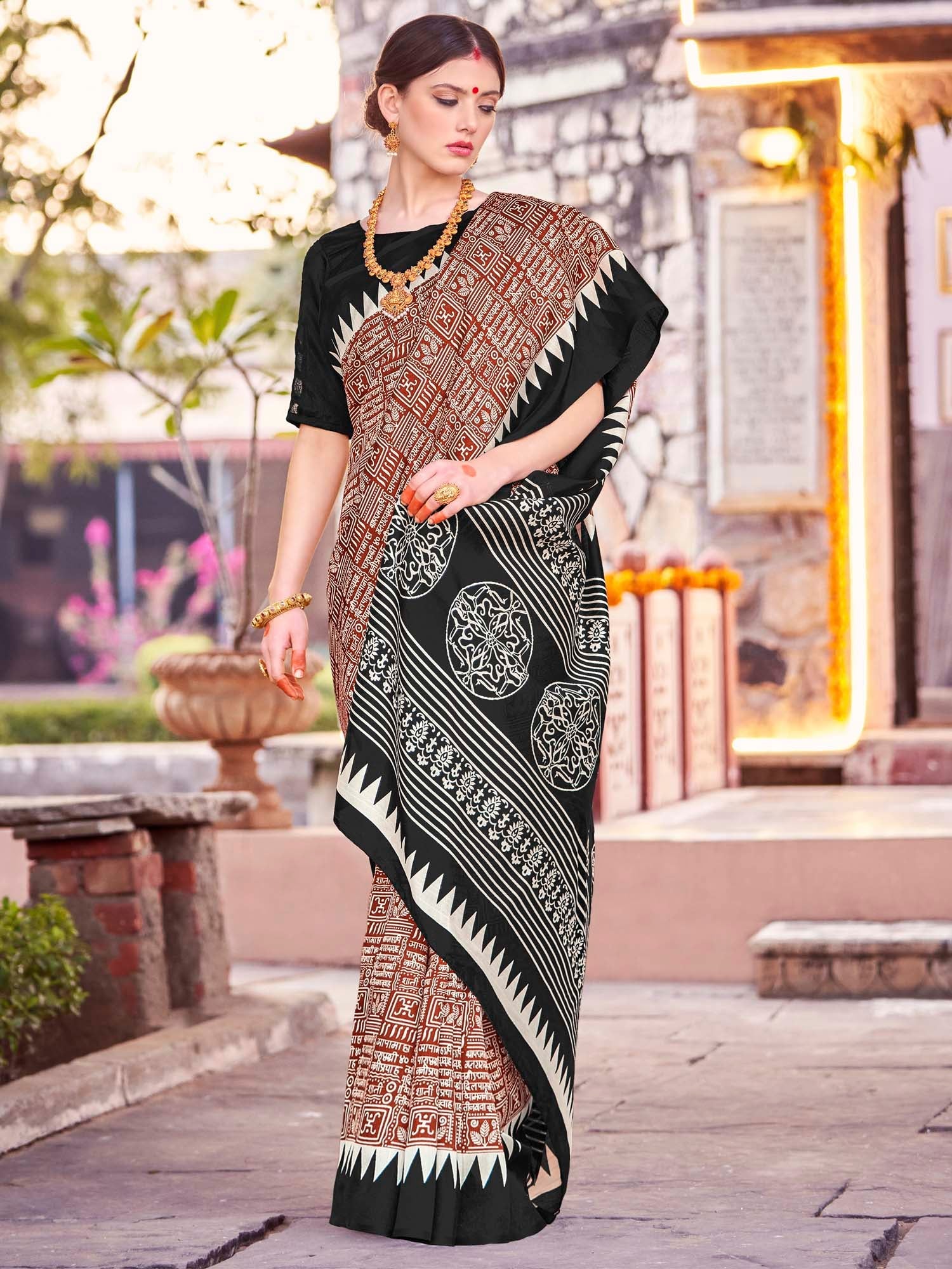 Women's Bhagalpuri Silk Brown Printed Designer Saree With Blouse Piece