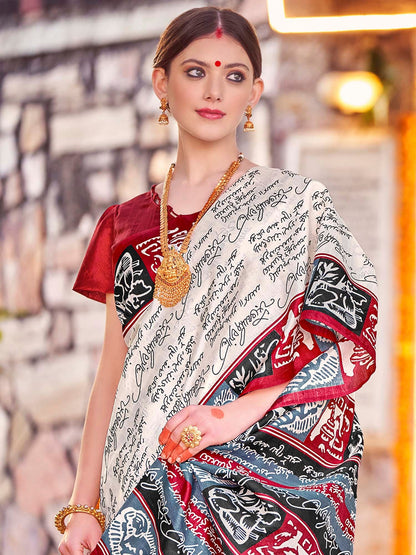 Women's Bhagalpuri Silk Off White Printed Designer Saree With Blouse Piece