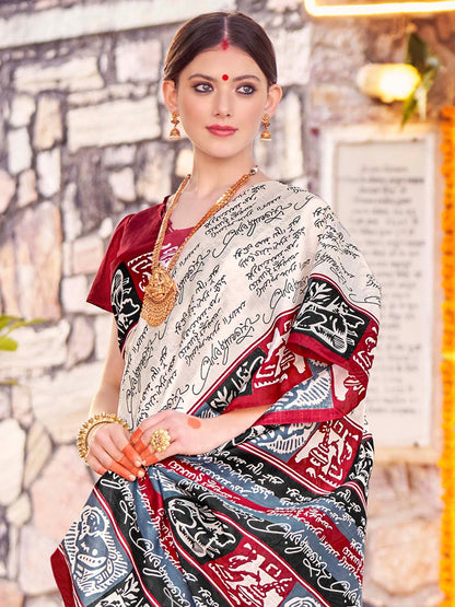 Women's Bhagalpuri Silk Off White Printed Designer Saree With Blouse Piece
