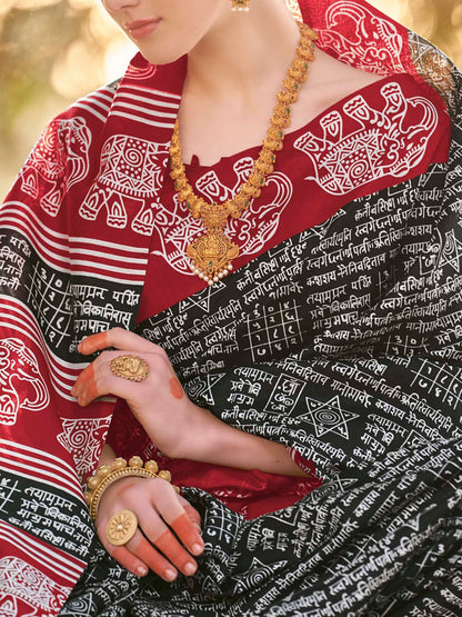 Women's Bhagalpuri Silk Black Printed Designer Saree With Blouse Piece