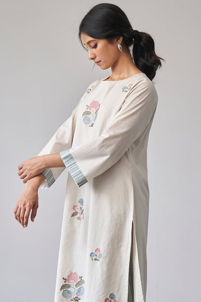 Women's Beige Embroidered Cotton Kurta With Printed Salwar