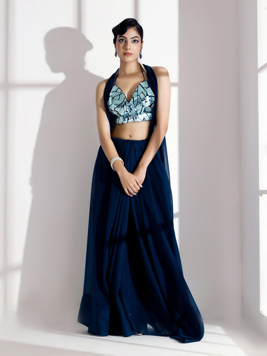 Dhiyona ST Blue Casa Soft Organza Saree with Diamond Lace with Self Blouse Fabric