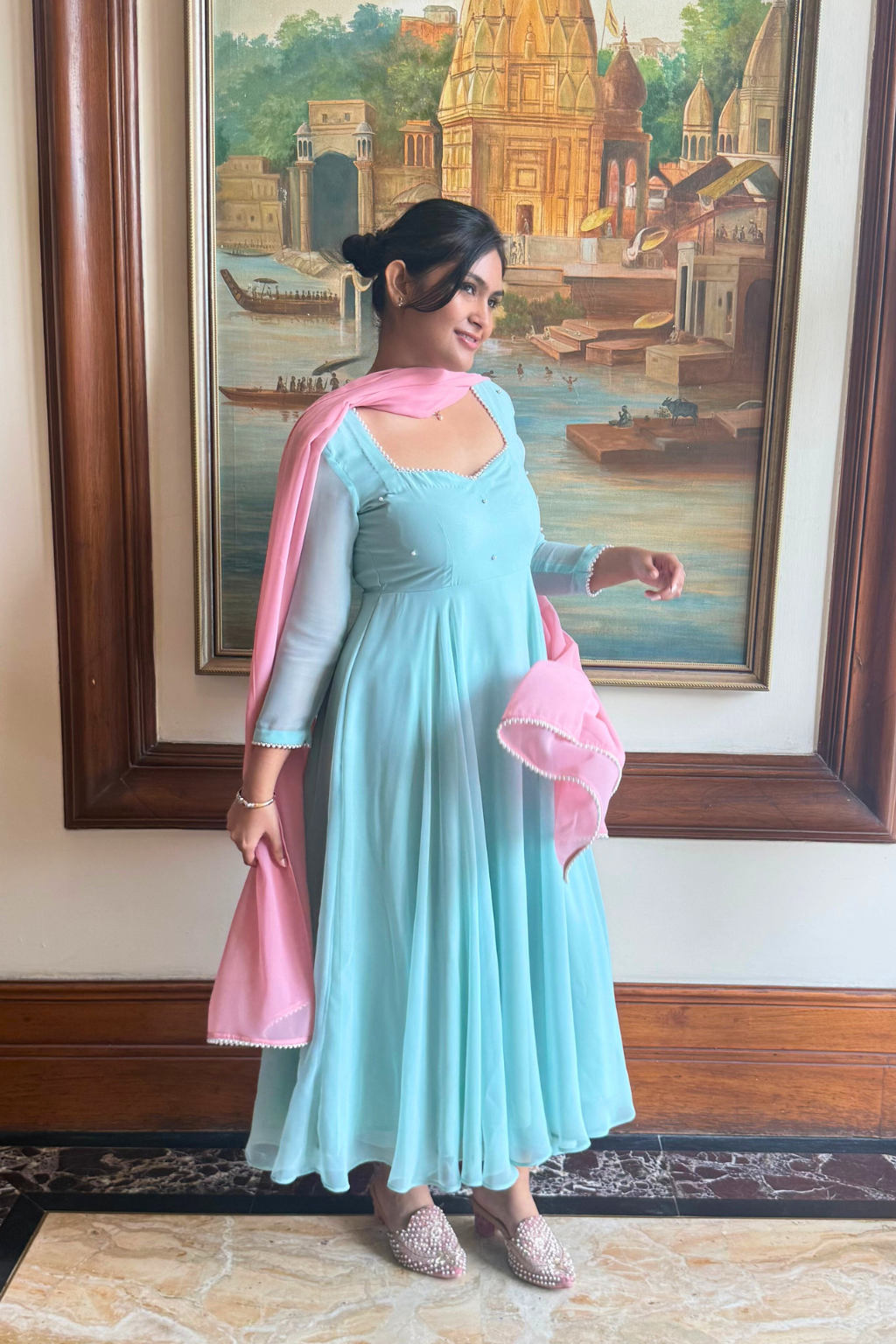 Dhiyona ST 3 pc Suit Set -Light Blue Pearl Edge Georgette 3/4th Sleeve Anarkali with Pink Dupatta and Pants