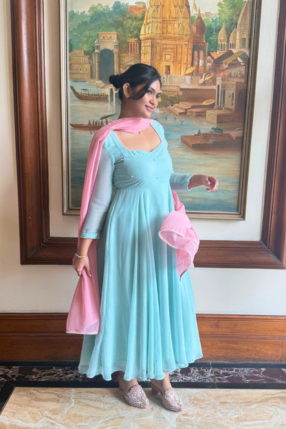 Dhiyona ST 3 pc Suit Set -Light Blue Pearl Edge Georgette 3/4th Sleeve Anarkali with Pink Dupatta and Pants