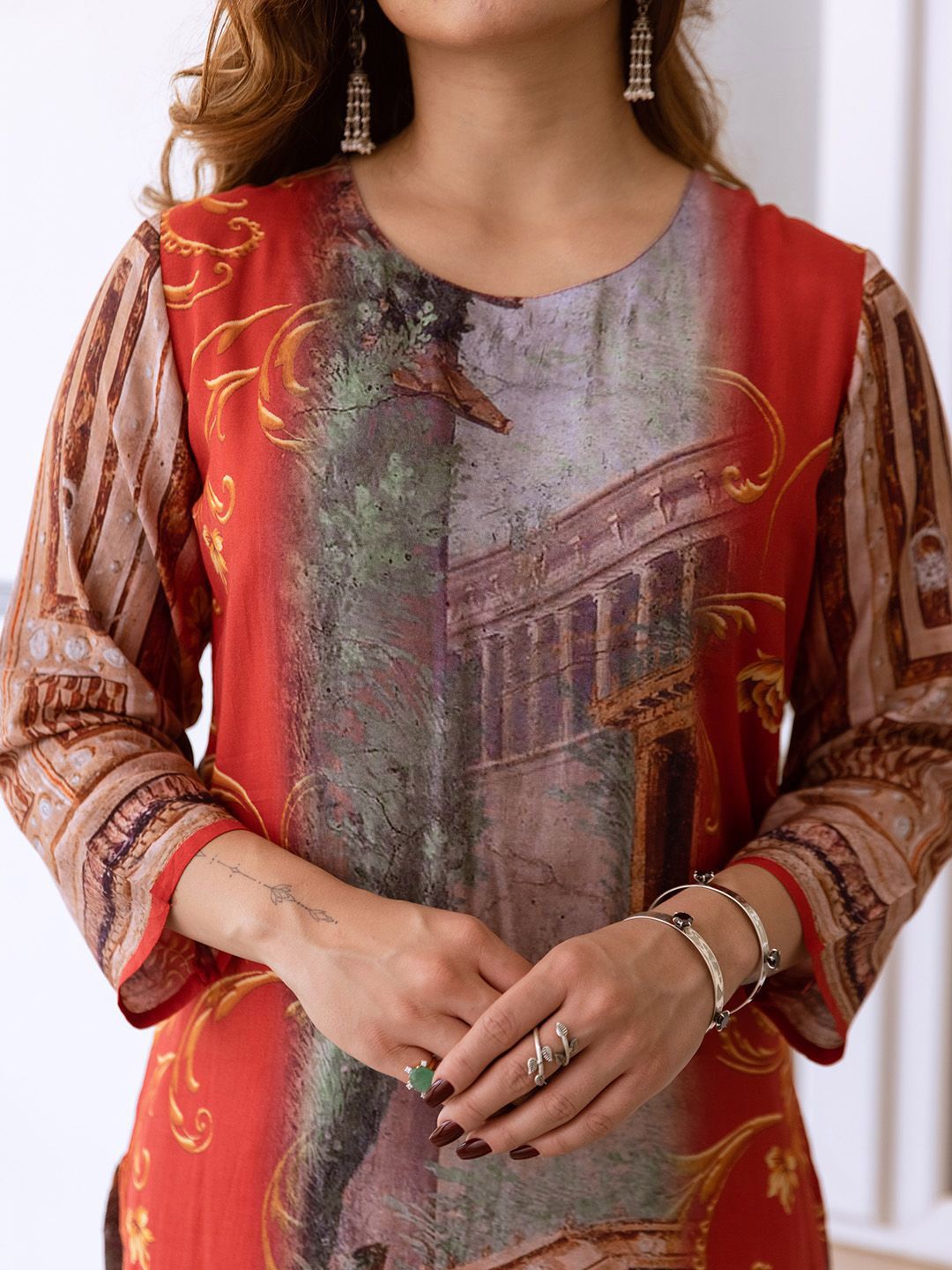 Dhiyona IS Women's Abstract Printed Round Neck Straight Kurta with Palazzos