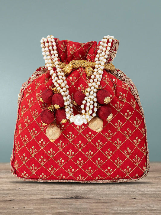 Dhiyona NR Red & Gold-Toned Embroidered Potli Clutch