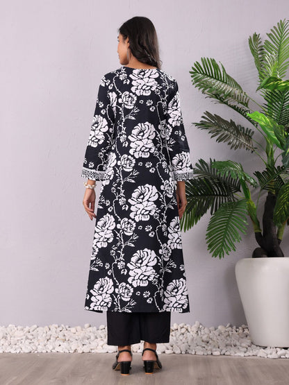 Dhiyona VA Women'sFloral Printed V-Neck Panelled Pure Cotton A-Line Kurta With Trouser