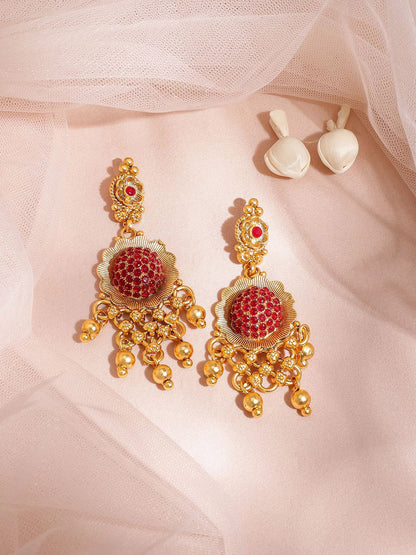 Dhiyona RJ Women's 22K Gold Plated Ruby Red Stone Studded Gold Beaded Handcrafted Choker Necklace Set