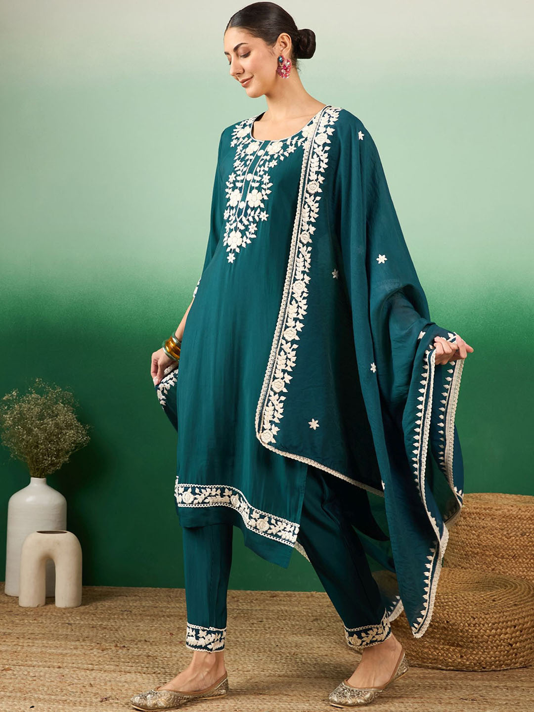Teal Green Floral Embroidered Jacquard Straight Kurta With Trousers & Dupatta