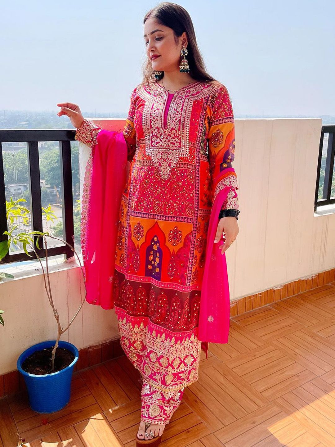 Dhiyona KL Ethnic Motifs Embroidered Beads and Stones Straight Kurta & Palazzos With Dupatta