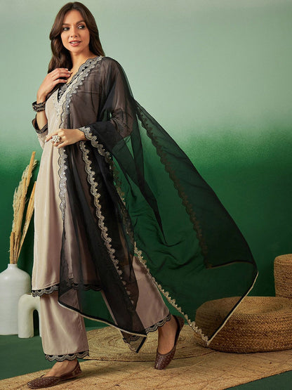 Dhiyona SN Ethnic Motifs Embroidered Sequined Velvet Kurta & Palazzos With Dupatta