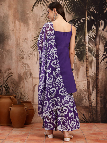 Ethnic Motifs Print Strappy Pure Cotton Kurta with Sharara & Dupatta