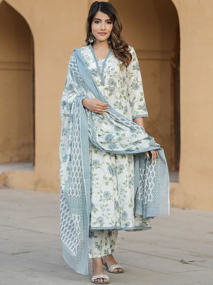 Dhiyona KL Floral Printed V-Neck Thread Work Pure Cotton Empire Kurta with Trousers & Dupatta