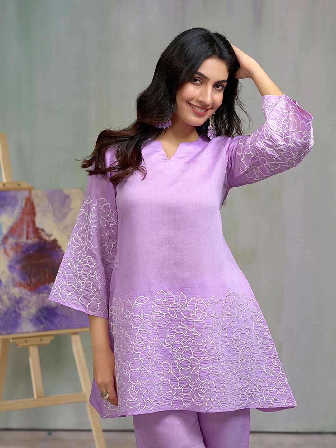 Dhiyona CH Women Floral Embroidered Sequined A-Line Kurta With Trousers