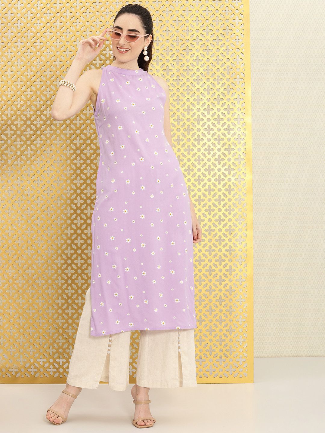 Dhiyona OD  Women Lavender & White Floral Printed Rozana Kurta