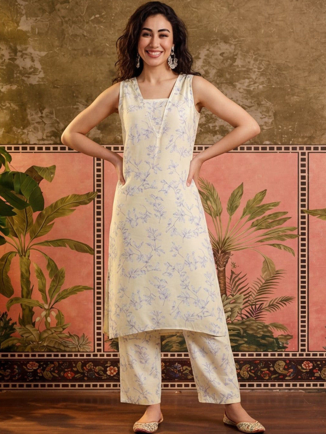 Printed Pure Cotton V-Neck Kurta & Trousers