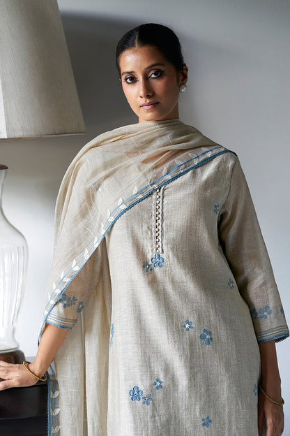 Women's Beige Woven Kurta Suit Set With Delicate Hand Work Detailing