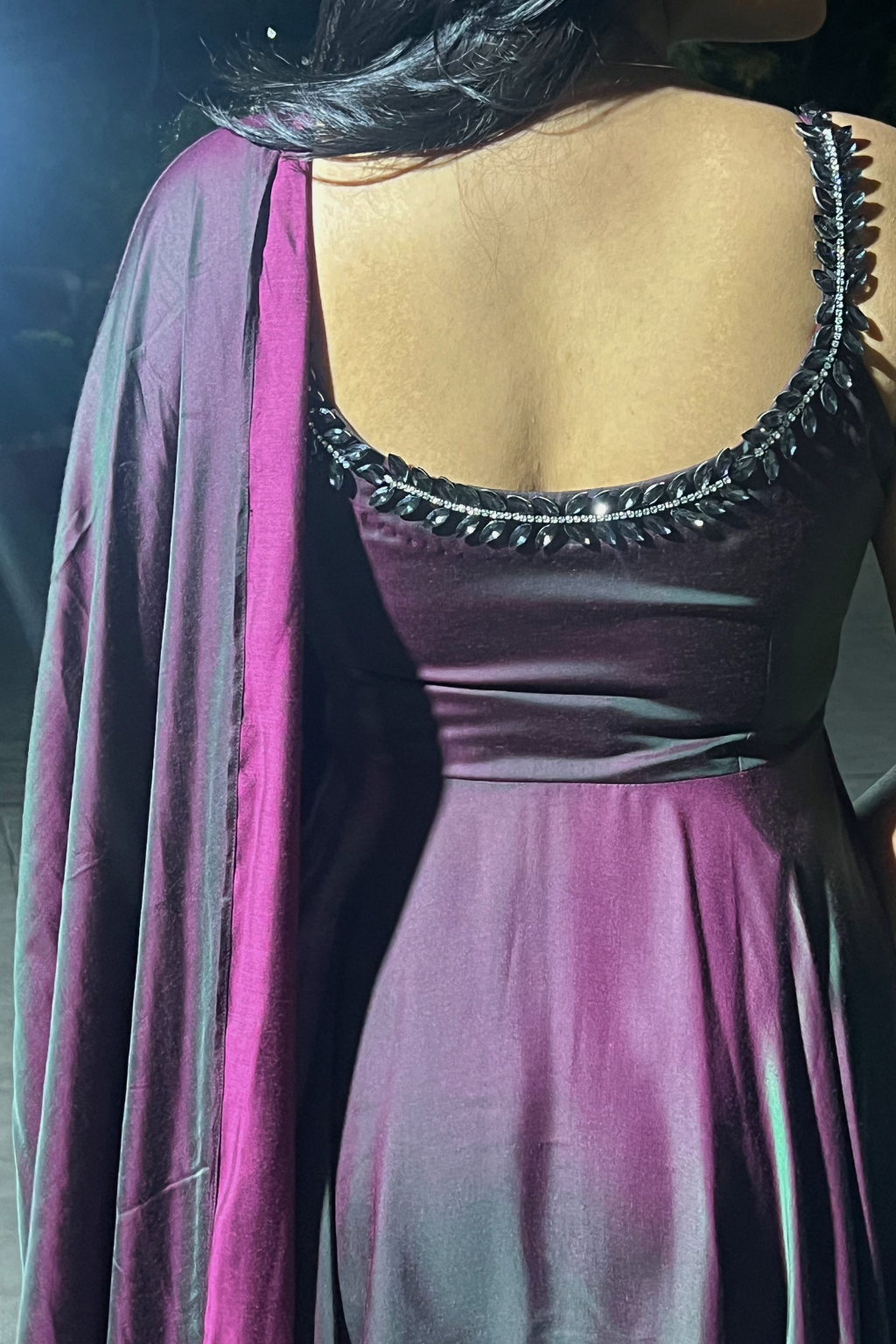 Dhiyona ST 3 pc Suit - Purple Green Satin Sleeveless Anarkali with Glass Trim
