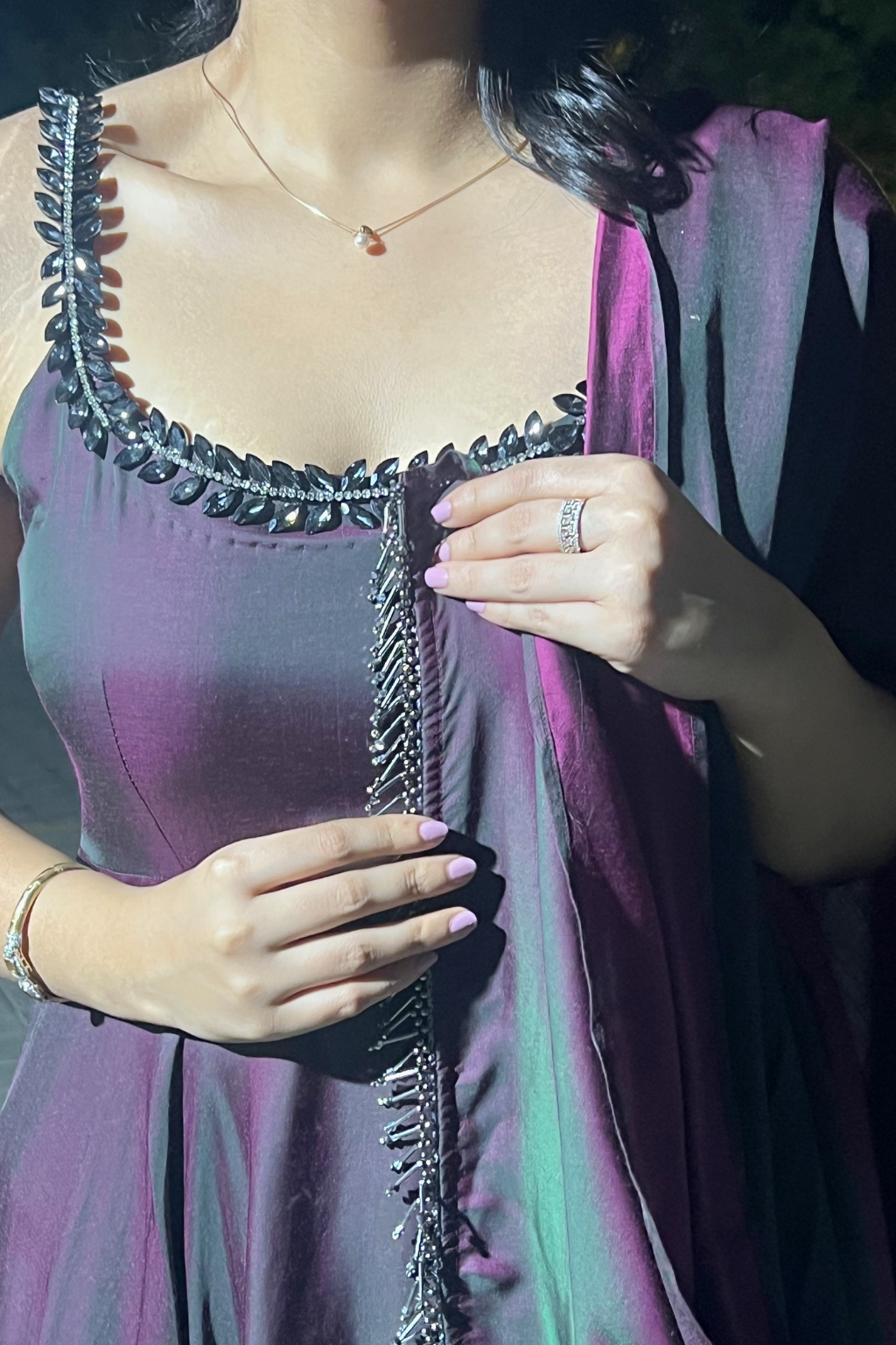 Dhiyona ST 3 pc Suit - Purple Green Satin Sleeveless Anarkali with Glass Trim