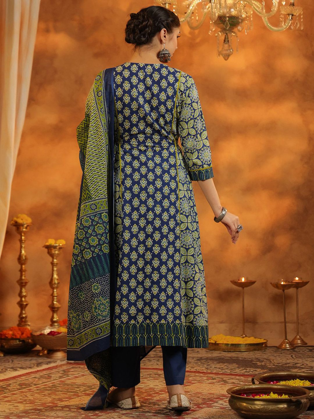 Dhiyona RR Women's Ethnic Motifs Printed Pure Cotton Anarkali Kurta with Trousers & Dupatta