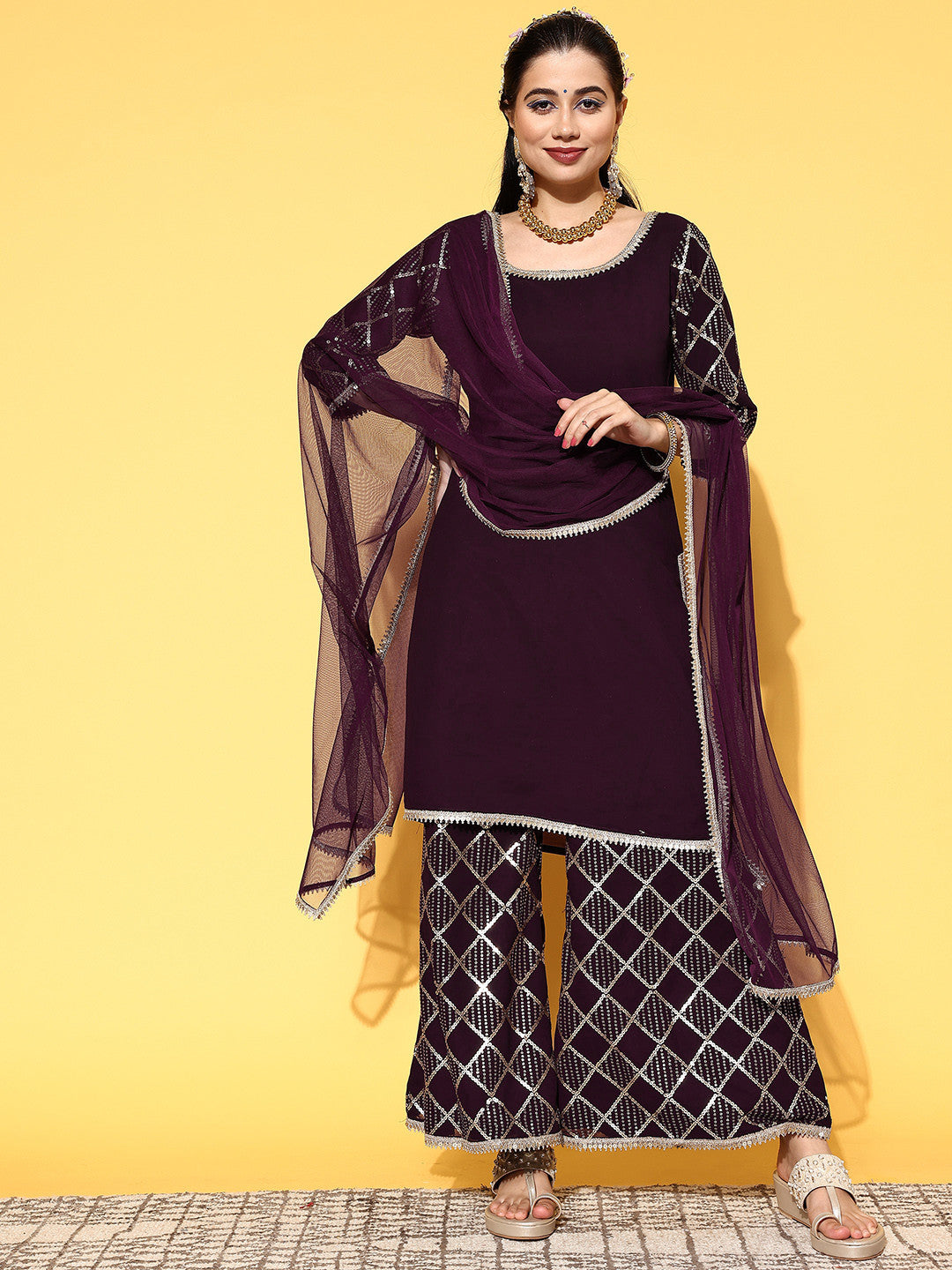 Women Purple Poly Georgette Ethereal Embroidery Kurta Set With Potli