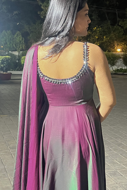 Dhiyona ST 3 pc Suit - Purple Green Satin Sleeveless Anarkali with Glass Trim
