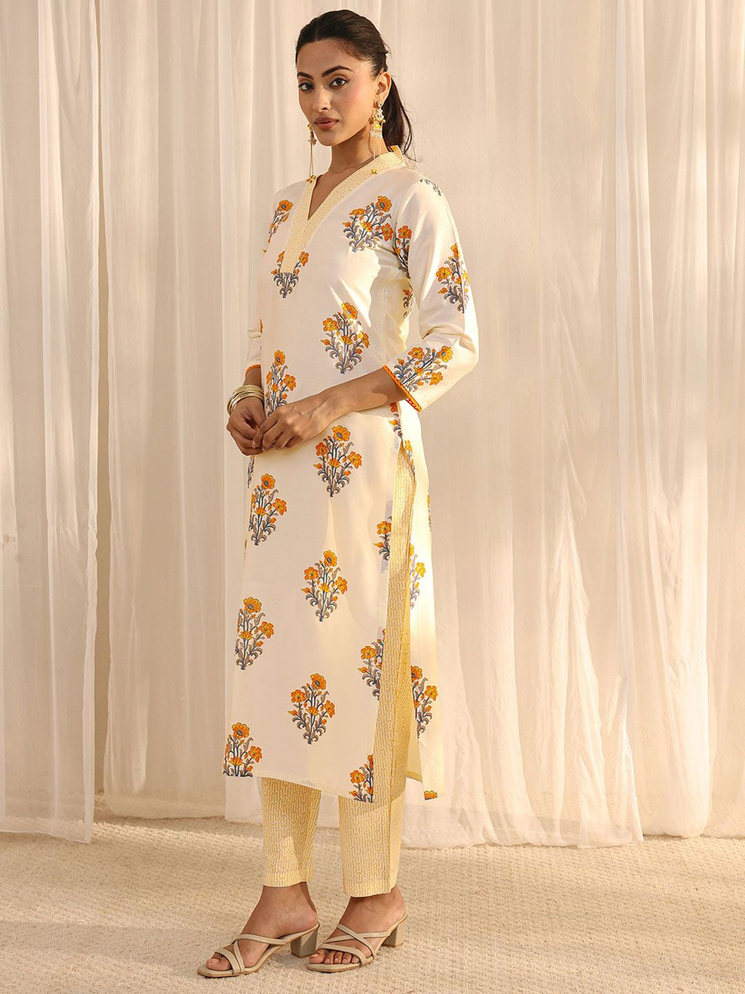 Off White Floral Printed Chanderi Silk Straight Suit Set with Dupatta