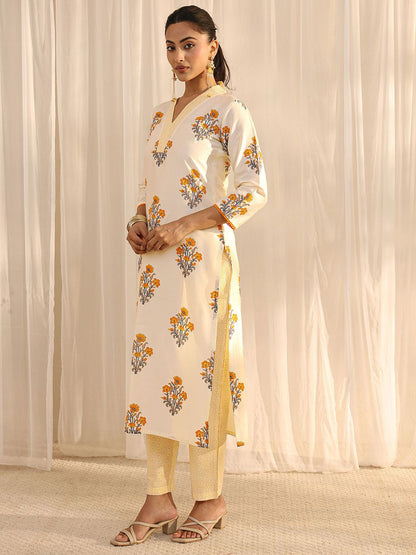 Off White Floral Printed Chanderi Silk Straight Suit Set with Dupatta