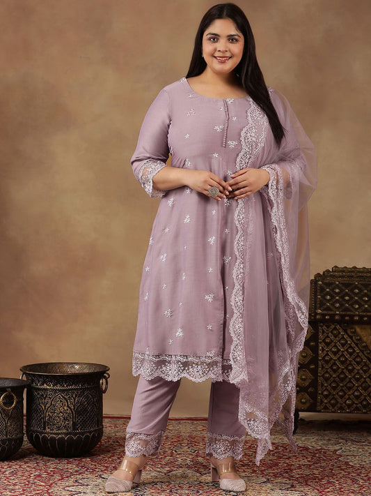 Dhiyona IN Size Floral Embroidered Thread Work A-Line Kurta With Trousers & Dupatta