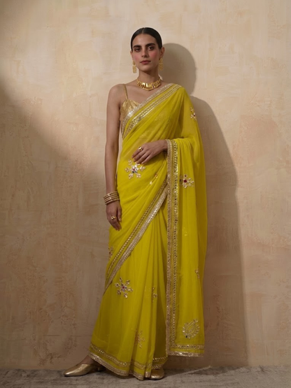 Dhiyona ST Highlighter Chiffon Saree with Gota Patti Handwork with Self Blouse Fabric