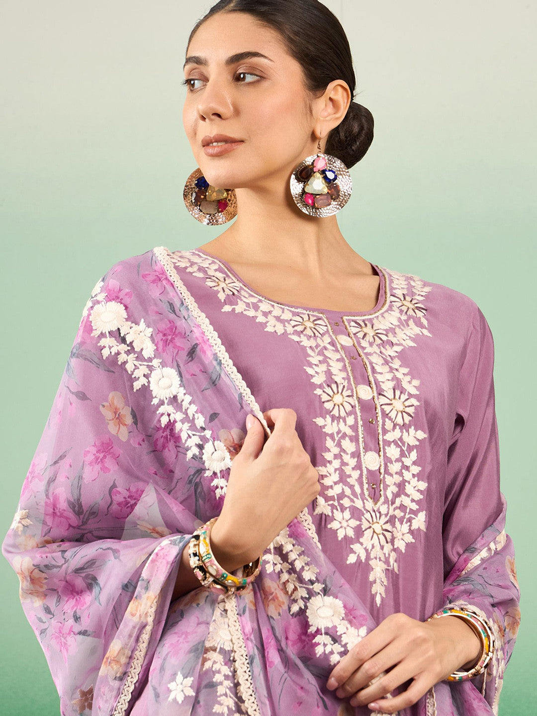 Dhiyona SN Purple Floral Embroidered Jacquard Straight Kurta With Trousers & Dupatta