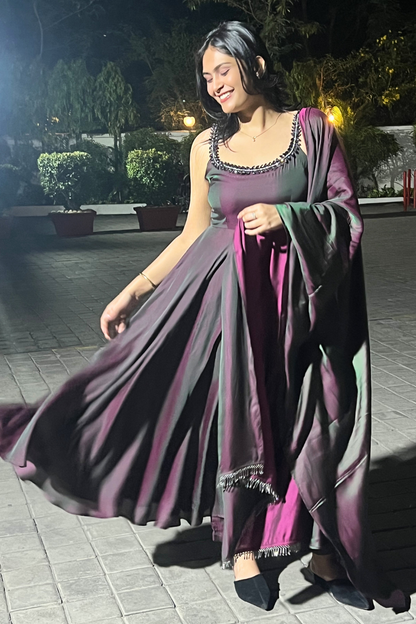 Dhiyona ST 3 pc Suit - Purple Green Satin Sleeveless Anarkali with Glass Trim