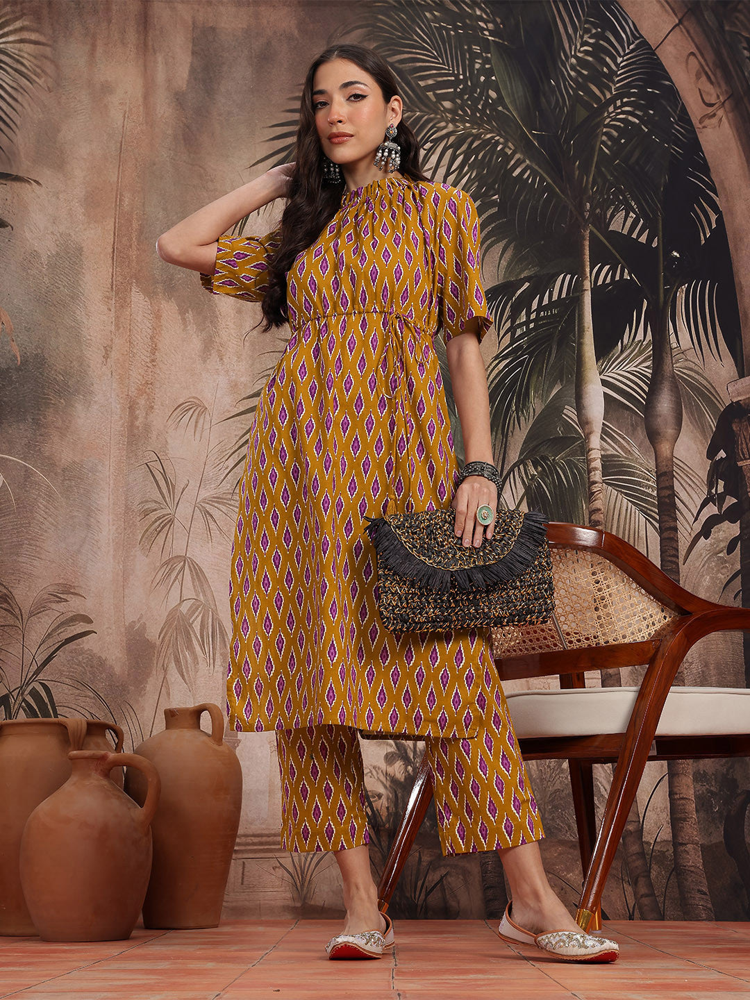 Ikat Printed Empire Style Pure Cotton Straight Kurta with Trousers