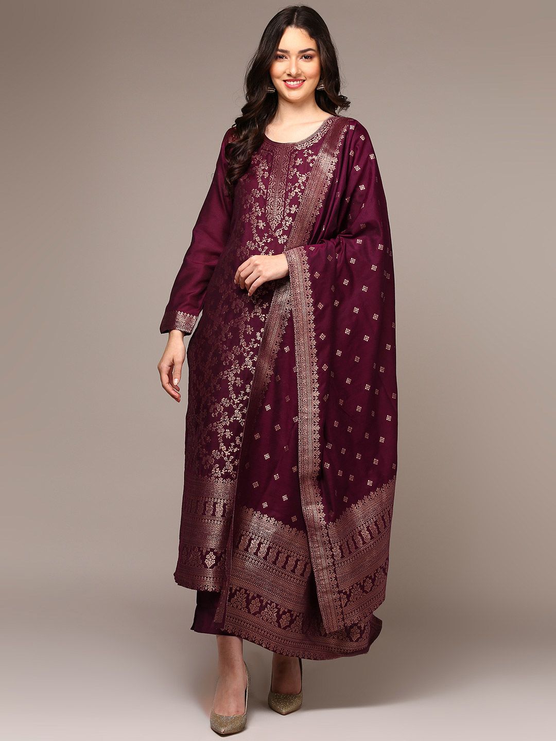 Dhiyona KL Floral Woven Design Zari Straight Kurta With Trousers & Dupatta