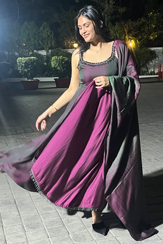 Dhiyona ST 3 pc Suit - Purple Green Satin Sleeveless Anarkali with Glass Trim
