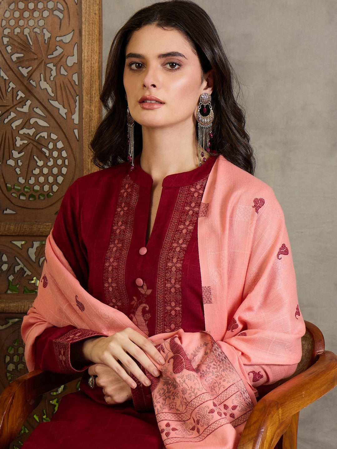 Winter Ethnic Women Maroon & Peach Jacquard Straight Kurta with Trousers & Dupatta