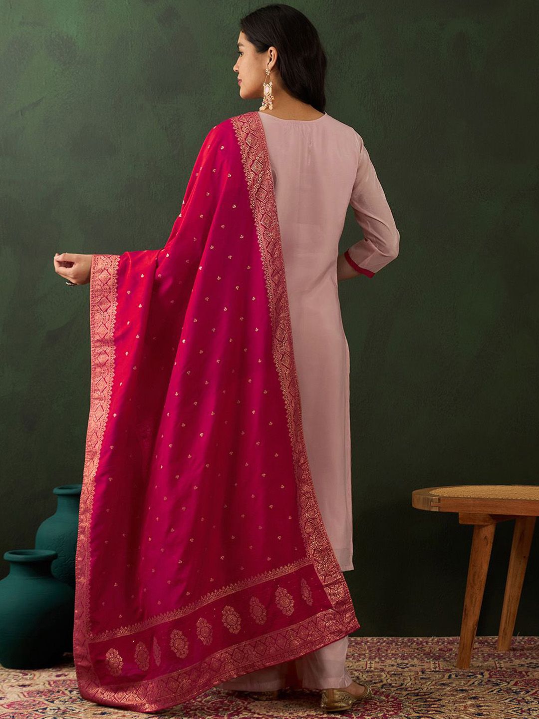 Dhiyona SN Peach Floral Embroidered V-Neck Straight Kurta With Palazzo & Dupatta