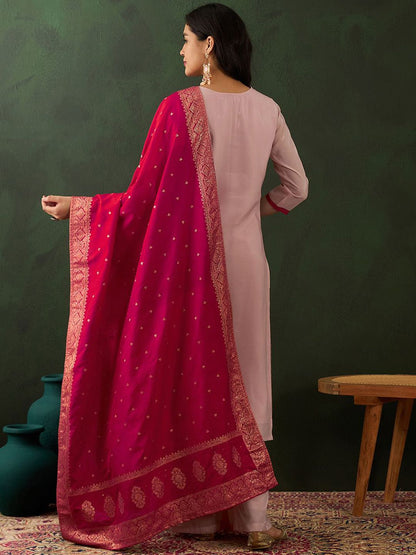 Dhiyona SN Peach Floral Embroidered V-Neck Straight Kurta With Palazzo & Dupatta