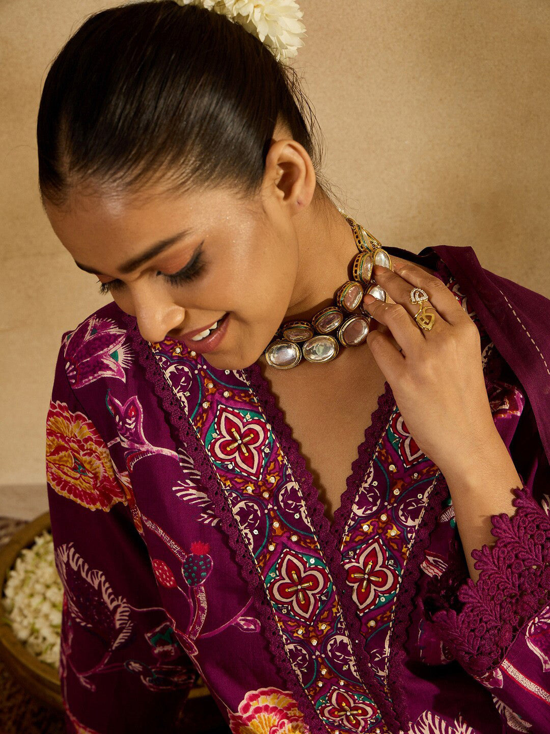 Burgundy Floral Printed V-Neck Sequinned Pure Cotton Straight Kurta Set